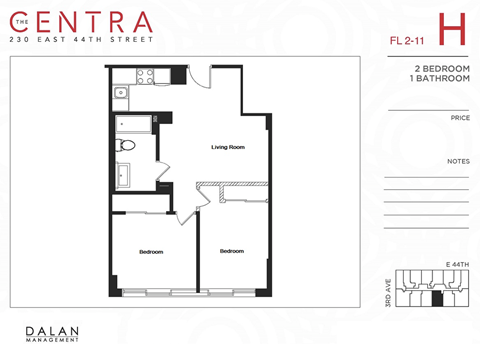Floor plan for 2 beds, 1 bath, 521 sqft